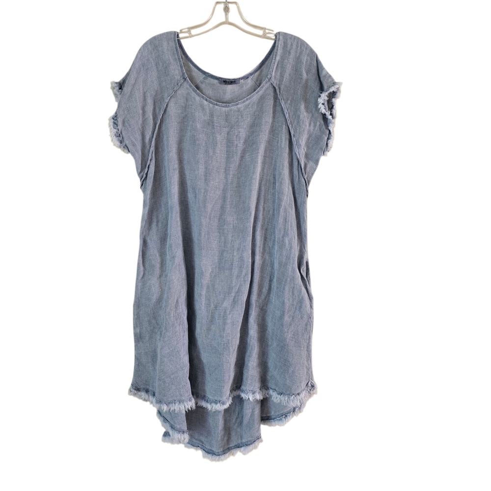 Meo Meli Womens Casual Blue Frayed Hem Dress 100% Linen Breathable‎ Coastal